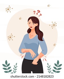 Eczema on skin concept. Allergy and chronic diseases, character itches, acne. Cosmetics and beauty. Virus and disease, young girl suffers, sad person scratching. Cartoon flat vector illustration