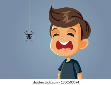 ed Boy Being Afraid of a Spider Vector Cartoon. Child suffering from arachnophobia having a panic attack
