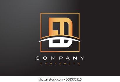 ED E D Golden Letter Logo Design with Swoosh and Rectangle Square Box Vector Design.