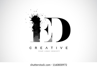 ED E D Letter Logo Design with Black Ink Watercolor Splash Spill Vector Illustration.