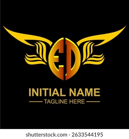 ED Golden Wing Emblem Logo with elegant gold wings, sleek and modern design. Ideal for branding, creative projects, luxury businesses, or artistic ventures.