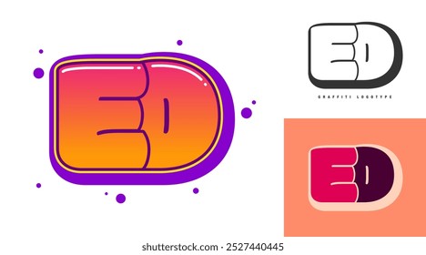 ED logo design for festival or party. Initial letter e and d in graffiti style. Creative modern lettering company name of font typography. Kids trendy logotype or identity. Vector illustration.