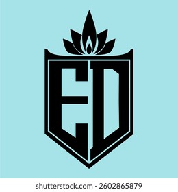 ED Logo featuring a minimalist design with a crown-like flower symbol on top, bold black elements, and a soft blue background, perfect for branding and modern visual identity.
