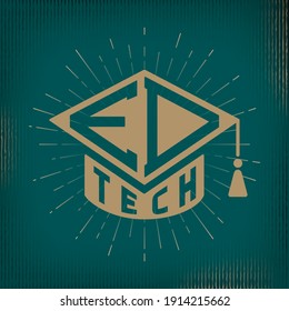 Ed Tech Inverfed Lettering Combined with Square Academic Graduation Cap Sign Educational Technologies Logo Concept - Gold on Turquoise Background - Vector Contrast Graphic Design