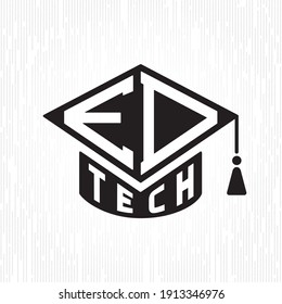 Ed Tech Lettering Combined with Square Academic Graduation Cap Sign. Educational Technologies Logo Concept - Black on White Background - Vector Contrast Graphic Design