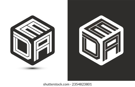 Diseño del logotipo de la letra EDA con el logotipo del cubo ilustrador, logotipo vectorial estilo moderno de superposición de tipos de letra del alfabeto. Icono del logotipo de Premium Business. Color blanco sobre fondo negro