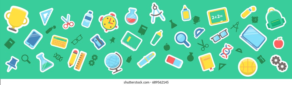 Edacation banner. Art great for print. Back to school illustration with school stuff stickers. School background. Isolated vector illustration with flat icons of pupil stuff