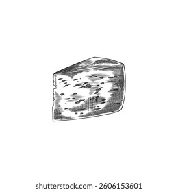 Edam cheese triangle part ink sketch. Hand drawn vector engraved illustration of healthy snack, recipe ingredient, menu decoration. Milk food production. Emmental cheese piece slice with holes