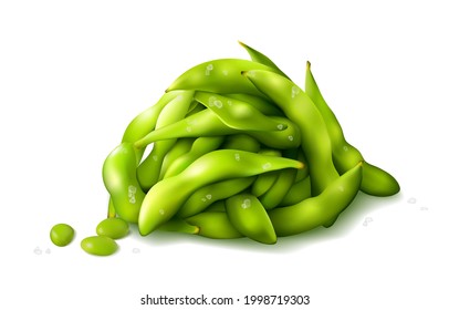 Edamae beans pile realistic vector illustration. Closeup Soia lobio coocked with sea salt, Eating Japanese Food, edamame appetiser ready-to-eat. Boiled Green Soy Beans isolated on white Separate peas