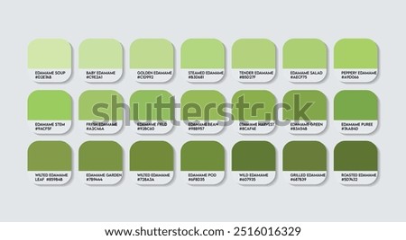 Edamame Color Palette, Edamame Color Guide Palette with Color Names. Catalog Samples of Green colors with RGB HEX codes. plastic, paint, natural Green colour, Fashion Trend Edamame Color shade tones