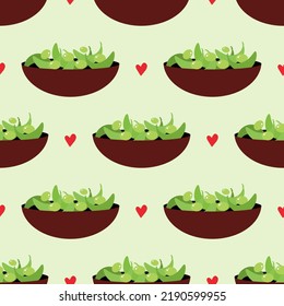 Edamame, green soy beans snack bowl and red hearts vector seamless pattern background for healthy food design.