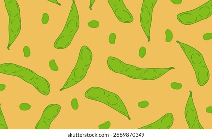 Edamame Seamless Pattern Hand Drawn Sketch. Cute edamame pattern background. Organic Soybean Background for Food and Fabric Design