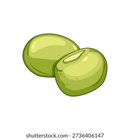 Edamame soybeans showing a split cotyledon and an intact bean, depicting nutritious plant based protein in a stylized illustration with clean lines and vibrant green color against a white background