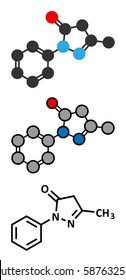 Edaravone drug molecule. Conventional skeletal formula and stylized representations.