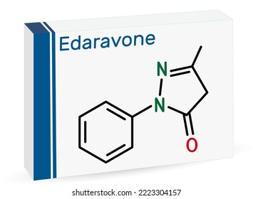 Edaravone molecule. It is used for treatment of amyotrophic lateral sclerosis ALS. Skeletal chemical formula. Paper packaging for drugs. Vector illustration