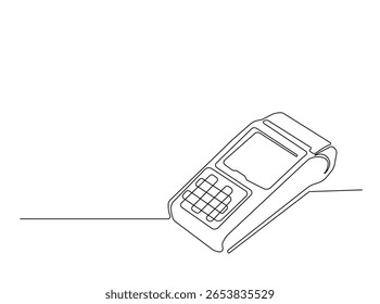 EDC payment device in single outline illustration. Continuous line art drawing of electronic payment device post terminal.
