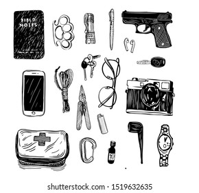 EDC establecido. Colección diaria de objetos de portar: gafas, uva, billetera. Ilustración dibujada a mano por vectores.