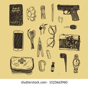 EDC set. Every day carry man items collection: glasses, usb, wallet. Vector hand drawn illustration.