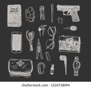 EDC set. Every day carry man items collection: glasses, usb, wallet. Vector hand drawn illustration.