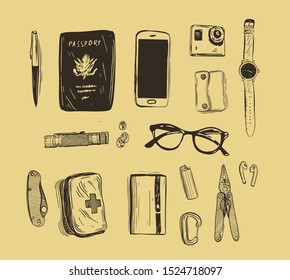 EDC set. Every day carry man items collection: glasses, usb, wallet. Vector hand drawn illustration.