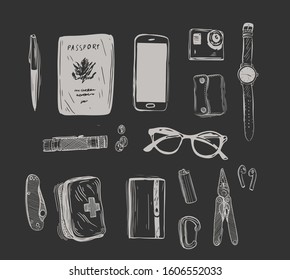 EDC set. Every day carry man items collection: glasses, usb, wallet. Vector hand drawn illustration.
