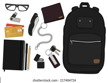 EDC set. Every day carry man items collection: glasses, usb, wallet, backpack, credit card, keys, moleskine, pencil, pen, lighter, pocket knife