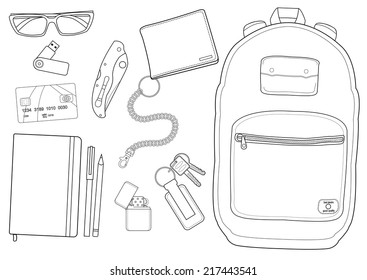 EDC set. Every day carry man items collection: glasses, usb, wallet, backpack, credit card, keys, moleskine, pencil, pen, lighter, pocket knife. Contour lines isolated on white