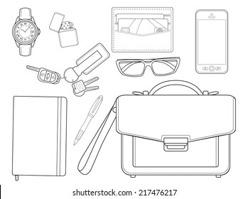 EDC set. Every day carry businessman items collection: watches, lighter, wallet, sunglasses, mobile phone, bag, pen, notebook, house keys, car keys. Isolated on white. Outlines.