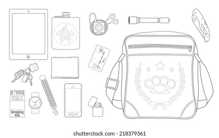 EDC set. Every day carry man items collection: tablet computer, flask, mp3 player, flashlight, knife, bag, lighter, mobile phone, bracelet, watch, cigarettes, keys, usb, wallet, credit card. Line art