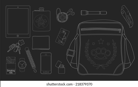 EDC set. Every day carry man items collection: tablet computer, flask, mp3 player, flashlight, knife, bag, lighter, mobile phone, bracelet, watch, cigarettes, keys, usb, wallet, credit card. Chalk 
