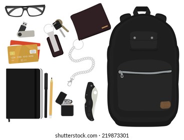 EDC set. Every day carry man items collection: glasses, usb, wallet, backpack, credit card, keys, moleskin, pencil, pen, lighter, pocket knife. No outline 