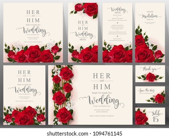 edding Invitation card templates with realistic of beautiful red rose and flower on background color.