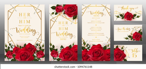 Edding Invitation Card Templates With Realistic Of Beautiful Red Rose And Flower On Background Color.