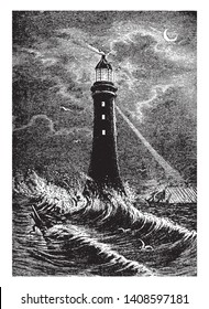 Eddystone Lighthouse is a group of gneiss rocks daily submerged by the tide in the English Channel, vintage line drawing or engraving illustration.