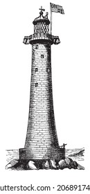 Eddystone Lighthouse, Victorian Illustration Vector of a Lighthouse