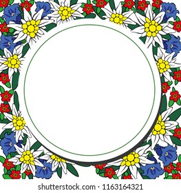 Edelweiss and alpine flowers circle frame