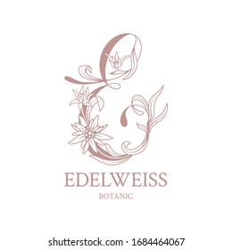 Edelweiss. Floral logo with elegant letter E. Drawn emblem for floral shops or studios, wedding florists, brand name, restaurant, boutique, hotel. Vector stock illustration on a white background.