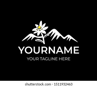 Edelweiss flower and the snowy peaks of the mountains, logo design. Flora, nature, mountaineering and hiking, vector design and illustration