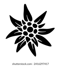 Edelweiss icon. Black silhouette of a mountain flower. Symbol of the Alpine mountains. Symbol of happiness and love. Vector illustration isolated on white background for design and web.