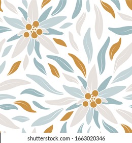 Edelweiss. Seamless pattern in pastel colors with edelweiss flowers on a white background. Stock vector illustration.