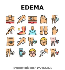 Edema Disease Symptom Collection Icons Set Vector. Venous And Fatty, Lymphatic And Hypoproteinemic, Allergic And Heart Edema Health Problem Concept Linear Pictograms. Contour Color Illustrations