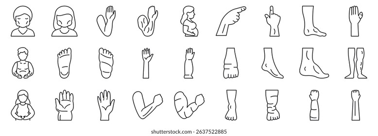  Edema icons set. Collection of simple black and white icons representing various human body parts, including arms, legs, hands, and feet, ideal for medical or anatomy projects