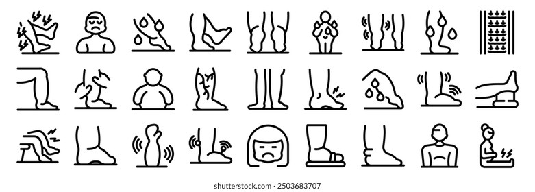 Edema icons set. People suffering from leg pain and tiredness showing symptoms of diseases like varicose veins, foot deformities and edema