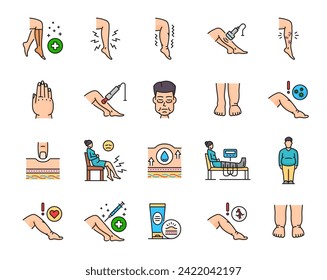 Edema line icons, disease of leg ankle and foot swelling, symptoms and treatment vector symbols. Edema lymphatic vascular or obesity sickness of legs and feet, diagnosis and medical care linear icons