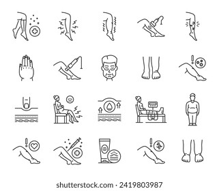 Iconos de línea de edema de piernas, pies y partes del cuerpo, cara y mano hinchados vectoriales. Síntomas de la enfermedad del sistema linfático, inflamación de las venas varicosas y dolor. Causas de edema, prevención y tratamiento de símbolos