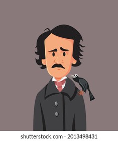 Edgar Allan Poe Vector Caricature Illustration. Portrait of a famous 19th century American author of poetry and fiction
