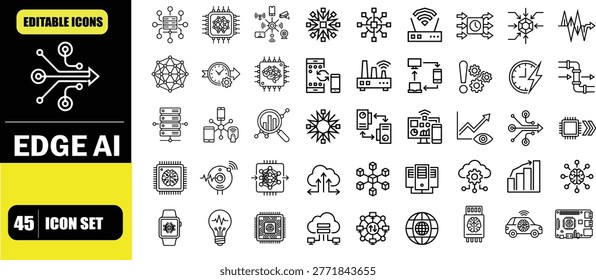 Edge AI Computing Technology Icon Set – IoT Applications, Distributed Intelligence, Real Time Data Processing, Smart Devices, Embedded AI Systems and Edge Computing Infrastructure Line Icons – Thin Line Editable Stroke Vector Illustration for UI UX, Web, App and Industrial IoT Design