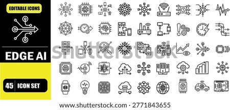 Edge AI Computing Technology Icon Set – IoT Applications, Distributed Intelligence, Real Time Data Processing, Smart Devices, Embedded AI Systems and Edge Computing Infrastructure Line Icons – Thin Line Editable Stroke Vector Illustration for UI UX, Web, App and Industrial IoT Design