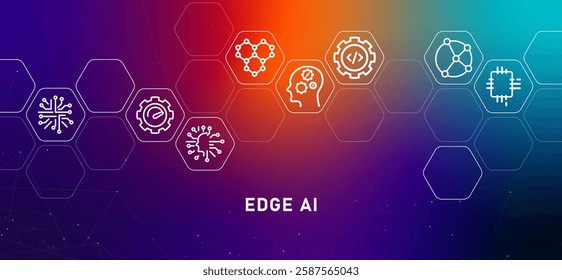 Edge AI gradient header device nodes computing programming real time connection algorithm machine learning artificial intelligence network internet of things icon design illustration