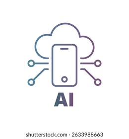 Edge AI Line Icon with Stylized Cloud, Geometric Network Nodes, and Modern Device Outline